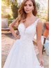 V Neck Beaded White Lace Tulle V Back Wedding Dress